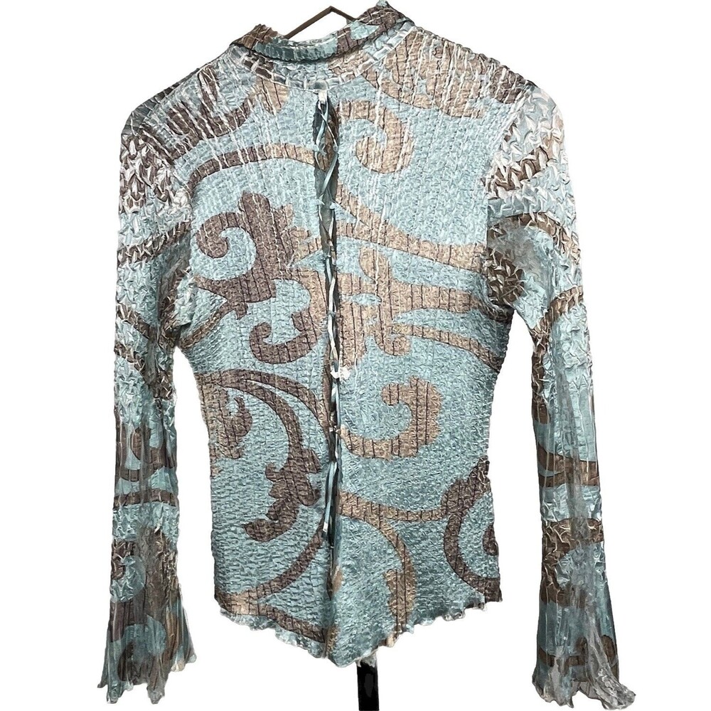 Komarov Designer Blue Button Blouse M Crinkle Lace Bell Sleeve Ruffle USA Made - Picture 2 of 5